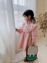 1pc Girls' Vintage French Style Embroidered Flower Ruffle Hem Pink Long Sleeve Dress, Spring